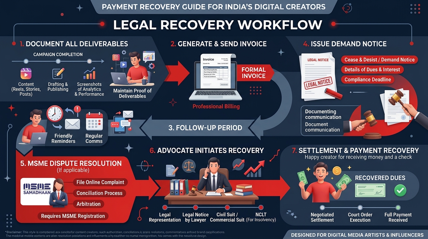 Legal Recovery Workflow Infographic for Content Creators and Influencers in India