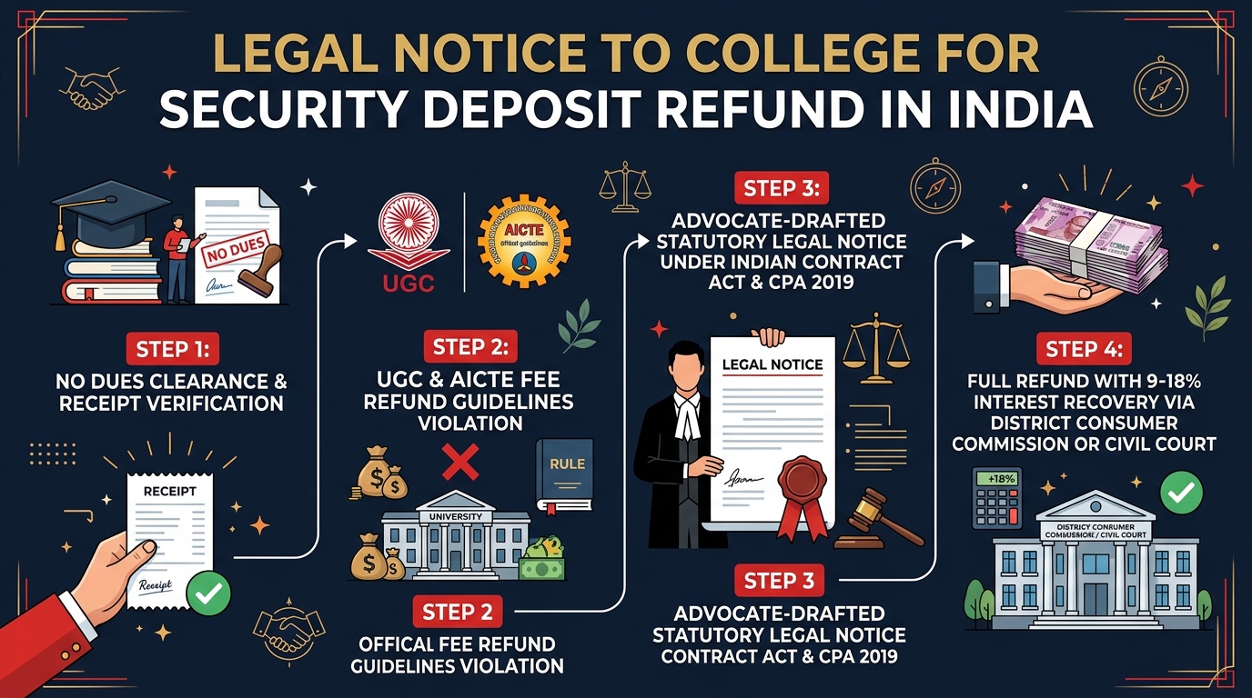 Legal Notice to College for Security Deposit and Caution Money Refund Process Flow Infographic in India