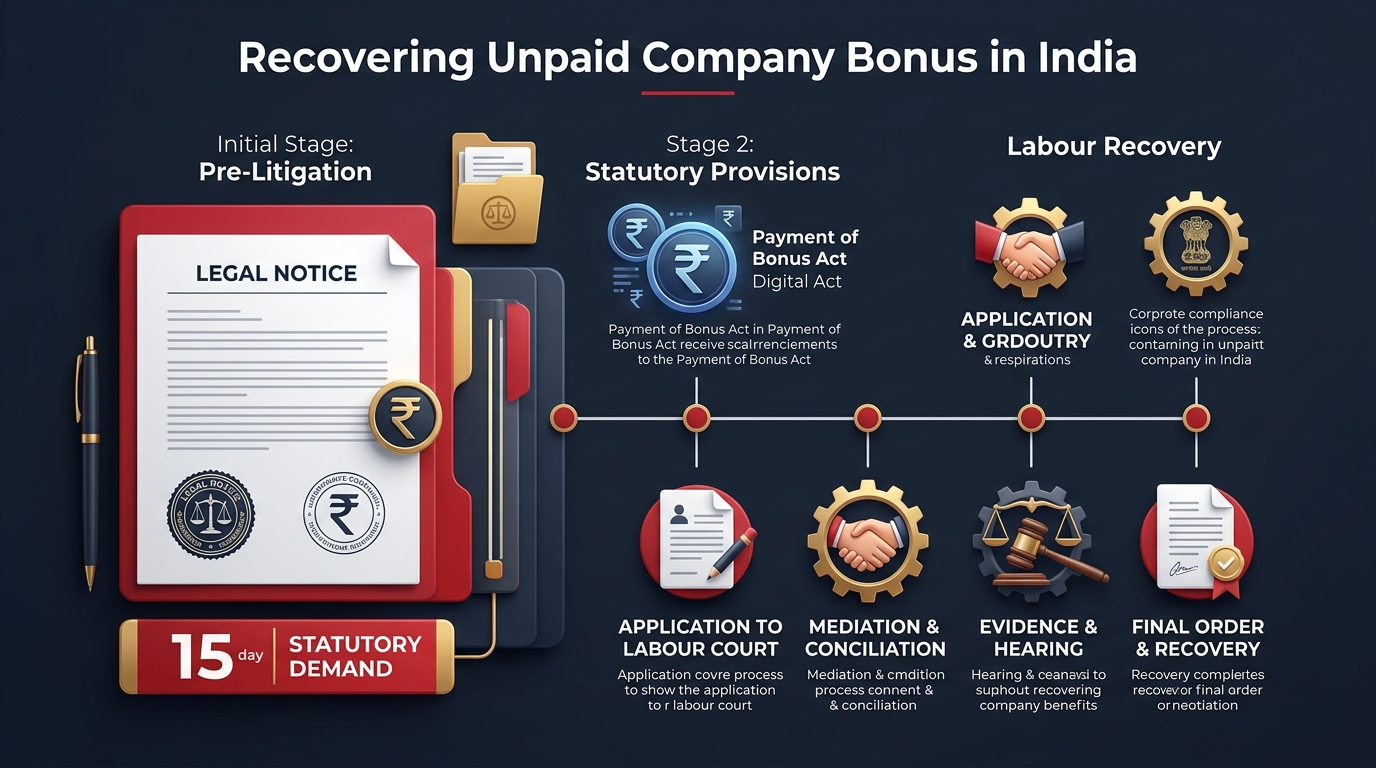 Legal Process Infographic for Recovering Unpaid Company Bonus in India