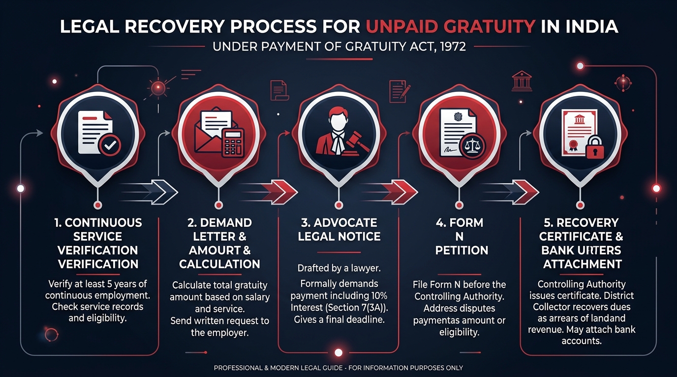 Legal Process Infographic for Recovering Unpaid Gratuity from Company in India